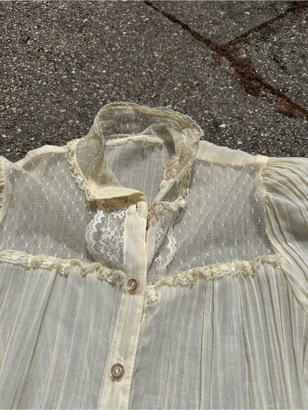 Vintage 70s Prairie Dress Cream Sheer Gauze Lace Yoke Ruffle Mock Neck - Picture 5 of 6